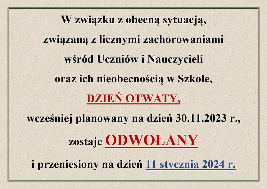 DZIEŃ OTWARTY SZKOŁY - ZMIANA TERMINU